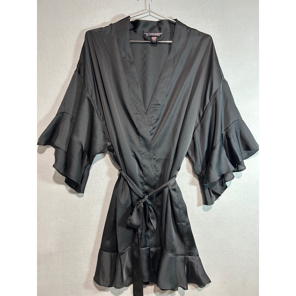 Victoria's Secret Robe Women M/L Black Satin Ruffle Hem Kimono Loungewear